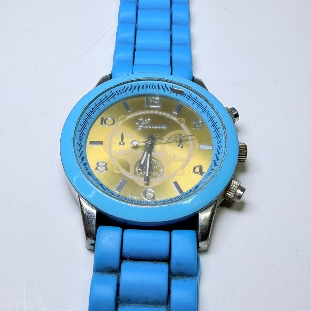 Geneva Platinum Women Blue Silicone Band Gold Dial Japan Movt Watch NO.2643